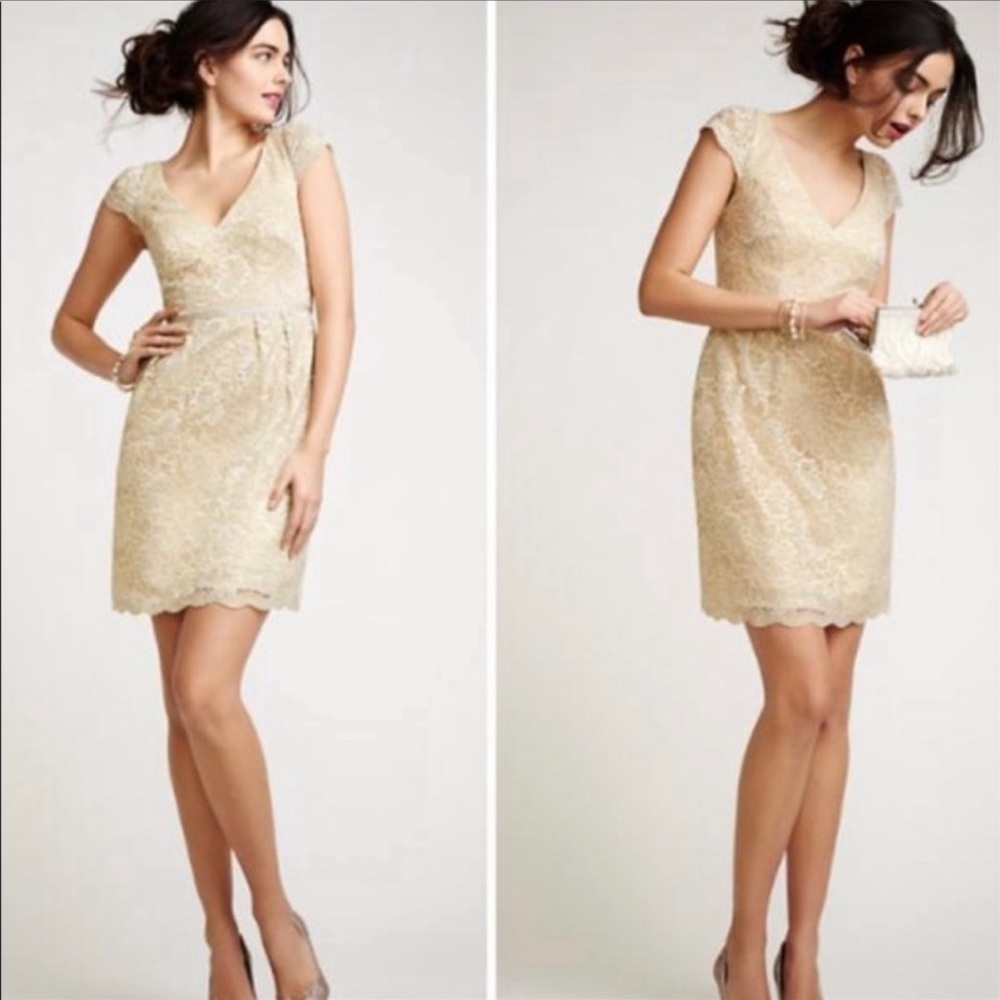 JENNY YOO Beckett Lace Dress, Ivory and Metallic Gold Lace, Size 4